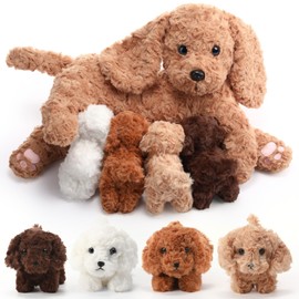 HyDren 5 Pcs Labradoodle Nurturing Dog Stuffed Animal Sets 15 Inch Soft Cuddly Labradoodle Plush Toys Nursing Mommy Dog with 4 Puppy Stuffed Animals for Kids Birthday Christmas Party Gifts