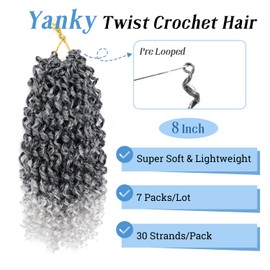 Yanky Twist Crochet Hair Pre Looped 8 Inch Ombre Grey Spring Twist Synthetic 7 Packs Mini Passion Twist Hair Extensions Curly Ends, 1B/Grey