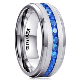 King Will 8mm Silver Titanium Wedding Ring for Men Blue Cubic Zirconia CZ Inlay Matte Finish Engagement Band
