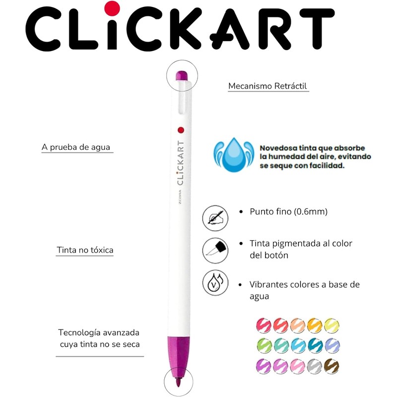Zebra Marcador Retráctil Clickart 24 Piezas Tinta Anti-secado Punto Fino