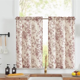 TOPICK Linen Kitchen Curtains Vintage Floral Curtains 36 Inch Botanic Print Cafe Curtains Small Half Window Curtains Rustic Translucent Short Curtains for Cupboard Bathroom 2 Panels Red on Beige
