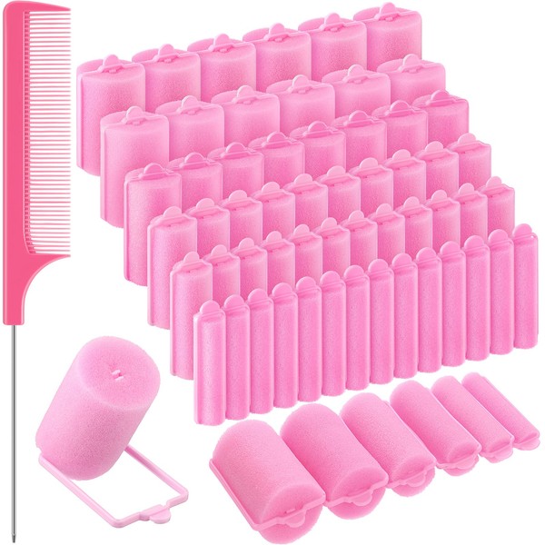 56 piezas de espuma de esponja de pelo rizador suave para dormir, varios tamaños flexibles para peinar el pelo con peine de cola de rata, peine para peinar la peluquería (rosa)