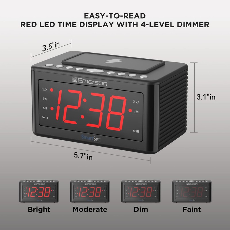 Emerson CKSW0555 Smartset Wireless Charging Alarm Clock Radio Featuring a