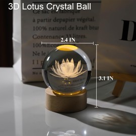 Arikyrist 3D Engraving Lotus Flower Figurine Crystal Ball with Wooden Light Base, Glass Lotus Flower Lamp Gifts for Women Decorative Glass Ball Paperweight