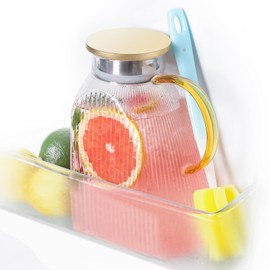 Glass Pitcher with Lid for Fridge Side Door, 63OZ Glass Water Pitcher with Handmade, YIOANSO Stainless Steel Ice Tea Pitcher For Fridge, Easy Clean Heat Resistant Borosilicate Glass for Cold & Hot