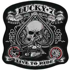 Lucky 7 Skull Patch | Spade "Live to Ride" | Embroidered Iron On | Large 10.5"