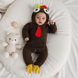 Karuedoo Newborn Baby Boy Girl Thanksgiving Turkey Costume Fleece Footie Romper Long Sleeve Hooded Jumpsuit Cosplay Outfit (Brown, 0-3 Months)