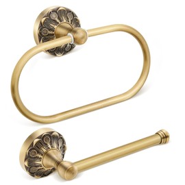2 Pieces Set Antique Brass Toilet Paper Holder Retro Brass Hand Towel Ring Tissue Roll Paper Hanger Bathroom Hardware Wall Mounted Vintage Bathroom Accessories(Rectangle)