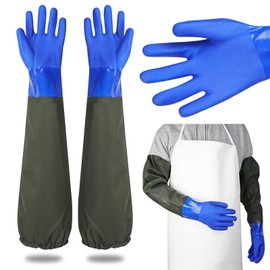 Hahhhha 1 Pair Long Rubber Gloves,27" Fabric Lining Cleaning Pond Gloves,Full Arm Work Gloves for Men and Women,Drain Waterproof Gloves for Gardening Fishery Aquarium(Blue)
