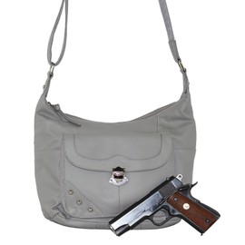 Goson Leather Concealed Gun Carrying Handbag Purse Buckled Front Pocket with Silver Studs Gray