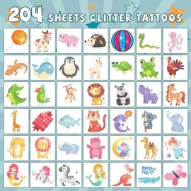 EMOME 204 Sheets Glitter Tattoos for Kids, Individually Wrapped Temporary Tattoos for Girls and Boys, Fake Tattoo Stickers for Birthday Party Favors Supplies, Christmas Stocking Stuffers for Kids