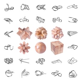 RLYLF 30Pcs Brain Teaser Puzzles Games Educational Toys Mind Wooden and Metal 3D Puzzles Unlock Interlock IQ Box