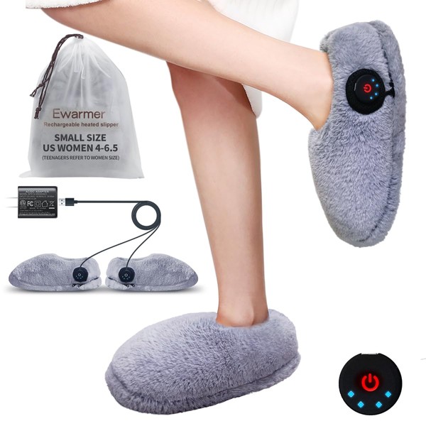 Ewarmer - Pantuflas recargables con calefacción para pies fríos, para casa, con calefacción eléctrica portátil, para mujeres, 3-6 horas de calefacción, alimentadas por batería de litio o USB (color gris (tamaño pequeño)