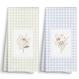 Sviojuce Vintage Spring Floral Botanical Plaid Kitchen Towels Decorative 16x24 Set of 2, Pastel Aesthetic Flowers Dish Towel Cloths Dishcloths Tea Towel, Wildflower Checked Bathroom Decor Hand Towel