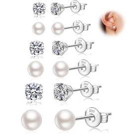 PABBEU 6 Pairs Sterling Silver Studs Earrings for Women, Small 925 Silver Stud Earrings Set with 5 A+ CZ Stud Earrings Pearl Stud Earrings for Women Gift