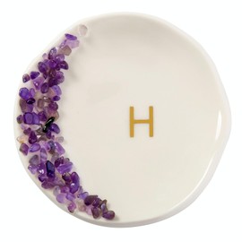 Maxsirui Ceramic Initials Ring Dish with Brazilian Amethyst Inlaid, Cute Room Decor Aesthetic, Decorative Jewelry Tray Trinket Dish, Engagement Wedding Birthday Christmas Gifts for Women (H)