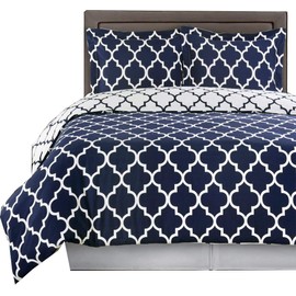 Navy and White Meridian Full / Queen 3-Piece Duvet-Cover-Set, 100 % Cotton 300 TC
