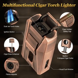 AWOTE Cigar Lighter with Double Jet Flame, Refillable Cigar Torch Lighter with Cigar Holder, V-Cigar Cutter, Cigar Draw Enhancer, Cigar Butane Lighter for Cigar Lovers, Butane not Include
