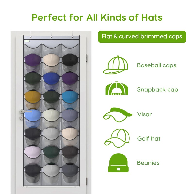 Unjumbly Baseball Hat Rack, 24 Pocket Over-The-Door Hat Organizer with