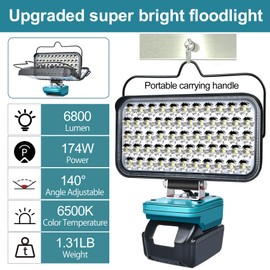 LED Work Light for Makita 18V Battery, Cordless Flood Lights 174W 6800LM Flashlight with Low Voltage Protection, USB &Type-C Charging Port for Job Site Lighting,Camping,Garage (No Battery
