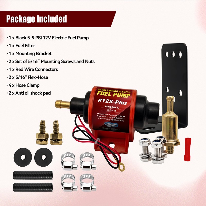 ENGINEMAN Universal 12 Volt Electric Fuel Pump 5-9 PSI, 35GPH,