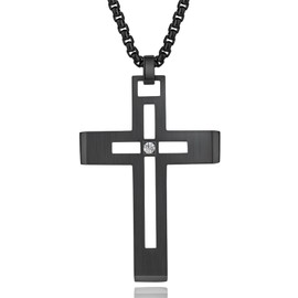 Jiahanzb Men's & Women's Unisex 316L Stainless Steel Cross Necklace, Black, 24 Inch, Classic Style, Religious Adults