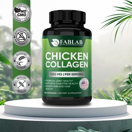 FabLab Chicken Collagen Type II Supplement - Nutritional Supplement for Joint, Nerve & Bone Support - Non-GMO, Anti-Aging Dietary Product with Hydrolyzed Peptides- 100 Capsules