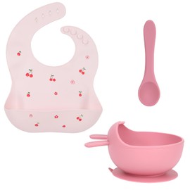 ZHIYUEYEYP Baby Girl Silicone Bib with Pink Cherry,Baby Bowl with Suction and Feeding Spoon, Baby Weaning Supplies - Complete Meal Kit for 6+ Months,Pink Cherry