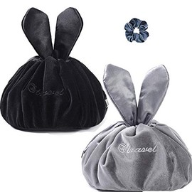 2 Color Lazy Cosmetic Bag Velvet Drawstring Makeup BagTravel Cosmetic Bag Portable Travel Makeup Pouch Magic Toiletry Bag for Womens Girls (Velvet Gray&Black))