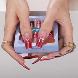 MqpQ Chrome Gel Liner Swirls Press on Nails Ombre Red Long Square Christmas Fake Nails 3d Heart-shaped Design Acrylic Nails 24pcs Glossy Full Cover False Nails