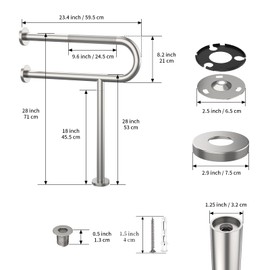 Toilet Support Rail 23.4X 28 Inch, Munzong Anti-Slip Satin Brushed Nickel Handicap Grab Bar for Bathroom, Stainless Steel Knurled Safety handrails with Leg for Elderly Disabled Pregnant-1.25’Tube