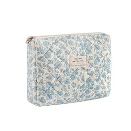 uekeboag Quilted Cotton Makeup Bag,Coquette Quilted Toiletry Bag for Women and Girls,Floral Coquette Pouch,Cute Kawaii Travel Cosmetic Bags(05Light Blue Flower)