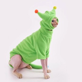 GigglyHouse Sphynx Cat Clothes, Warm Cat Jumpsuit with Hat and Tail Cover, Full Set for Hairless Cats, Cornish Rex and Devon Rex (Green, XXL(10-11lbs))