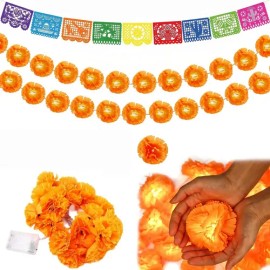BYNBOLD - Guirnalda LED de Cempasúchil 3 m 20 Flores Naranjas con Papel Picado, Serie de Luces Cempasúchil Luces Decorativas para Día de Muertos