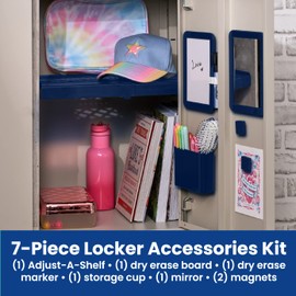 LockerMate Adjust-A-Shelf 6-Piece Locker Accessories Set, Extends to Fit Your Locker, Includes Storage Drawer, Mirror, Whiteboard, Storage Cup, Navy, Blue (50924KIT-NVY)