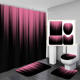 AAtter 4 Piece Pink and Black Shower Curtain Set Ombre Cute Teen Girls Two Tone Designer Preppy 60Wx72L Curtains Decor with Non-Slip Rugs, Toilet Lid Cover and Bath Mat Bathroom Accessories, Fashion