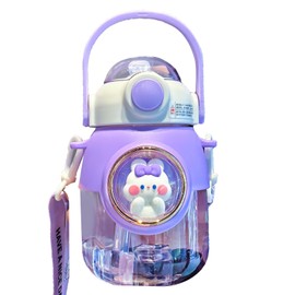 Water Bottle with Straw for Kids Plastic 820ml Heat Resistant Portable Cute Cartoon Sports Water Bottle for Home School Travel Purple