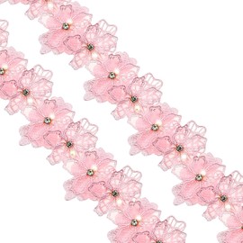 Organza Flower Trim 2 Yards 3D Flower Lace Trim Pearl Embroidered Applique Sewing Craft for Wedding Dress Embellishment DIY Dress Decor, Gowns, Home Decor (Pink)