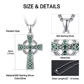 KINGWHYTE Celtic Cross Necklace S925 Sterling Silver Celtic Knot Pendant Religious Protective Gift Irish Jewelry for Men Women, Malachite