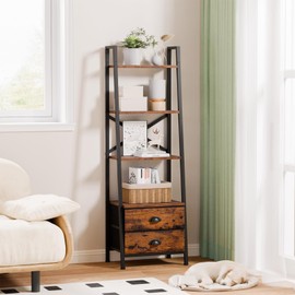 Furologee 4-Tier Ladder Shelf,Small Bookshelf with 2 Drawers,Vertical Bookcase Storage Rack Organizer,Rustic Bookshelves for Living Room,Bedroom,Bathroom,Home Office,Kitchen,Rustic Brown