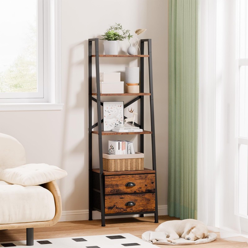 Furologee 4-Tier Ladder Shelf,Small Bookshelf with 2 Drawers,Vertical Bookcase Storage