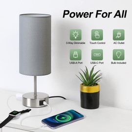 Yarra-Decor 【Upgraded Bedside Lamp with USB A+C Charging Ports & AC Outlet Touch Control Table Lamp for Bedroom 3 Way Dimmable Nightstand Lamp with Grey Shade for Home Office, Dorm(Bulb Included)