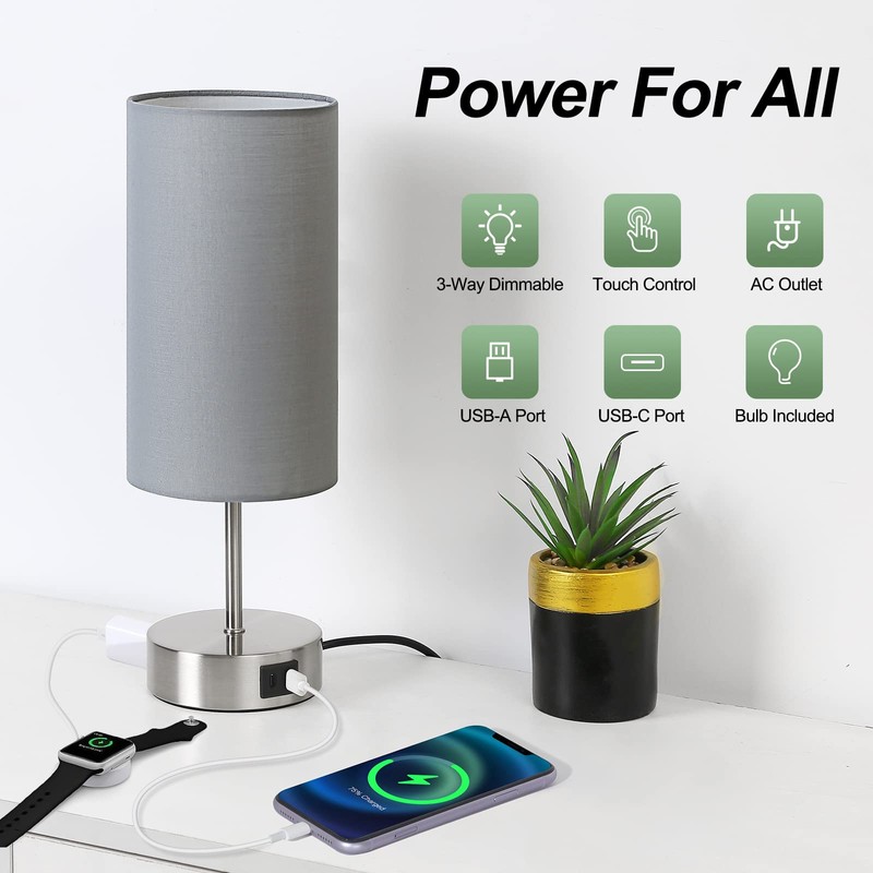 Yarra-Decor 【Upgraded Bedside Lamp with USB A+C Charging Ports &