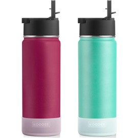 koodee 2 Pack Water Bottle 26 oz Stainless Steel Insulated Water Bottle With Straw Reusable BPA Free,Sports (Fuchsia Red-Teal)