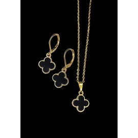 Handmade four leaf Clover Earrings and Necklace set in black
