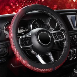 KAFEEK Bling Diamond Leather Steering Wheel Cover, With Sparkly Crystal Glitter Rhinestones Universal Fit 14"1/2-15" Car Wheel Protector for Women:_Red