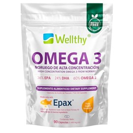 WELLTHY | Omega 3 Salmón Noruego Epax® 90 Cápsulas. El aceite de pescado Epax® está ultraconcentrado en omega 3 con un 36% de EPA y un 24% de DHA. Cápsula de Gelatina Blanda, Bottle Free.