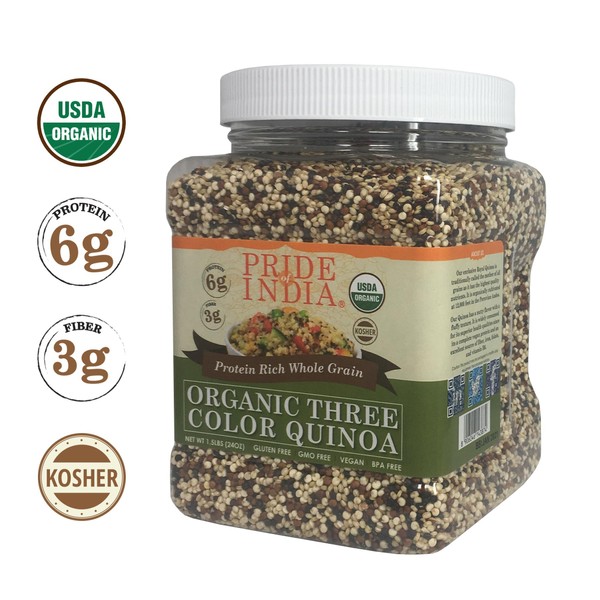 Pride Of India - Organic Three Color Quinoa - 100% Royal Bolivian Superior Grade Protein Rich Whole Grain, 1.5 Pound (24oz) Jar