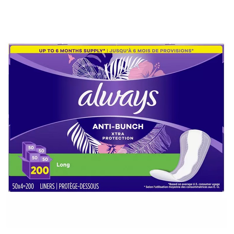 Always Anti-Bunch Xtra Protection Daily Liners Unscented Long, 200 ct.