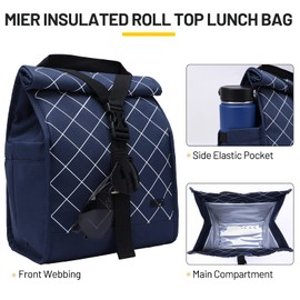 MIER Insulated Lunch Bag Roll Top Lunch Box for Women Men Adults Foldable Rolltop Lunch Tote with Shoulder Strap for Work Office Picnic, Water Bottle Holder, Blue